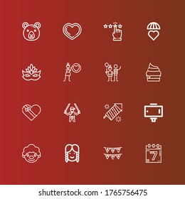 Editable 16 happy icons for web and mobile. Set of happy included icons line Events, Garlands, Girl, Clown, Selfie stick, Fireworks, Ninja, Gift box, Cupcake, Balloon, Love on red
