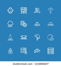 Editable 16 hard icons for web and mobile. Set of hard included icons line Server, Hat, Helmet, Anvil, Rain, Punk on blue background