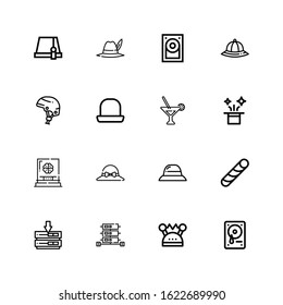 Editable 16 hard icons for web and mobile. Set of hard included icons line Hard drive, Helmet, Server, Stick candy, Hat, Martini, disk on white background