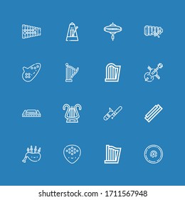 Editable 16 harp icons for web and mobile. Set of harp included icons line Cymbal, Harp, Plectrum, Bagpipes, Harmonica, Trombone, Lyre, Cello, Ocarina, Xylophone on blue background