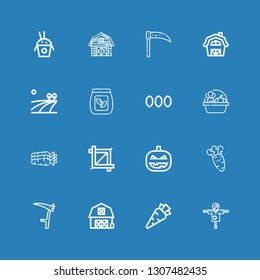 Editable 16 harvest icons for web and mobile. Set of harvest included icons line Scarecrow, Carrot, Barn, Scythe, Pumpkin, Crop, Carrots, Harvest, Seeds, Seed bag on blue background