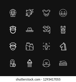 Editable 16 head icons for web and mobile. Set of head included icons line Shark, Eagle, Shower, Woman, Trojan, Body, Milk, Policeman, Cat, Costume, Hat, Laughing on black background