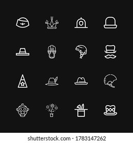 Editable 16 headgear icons for web and mobile. Set of headgear included icons line Top hat, Hat, Gas mask, Helmet on black background