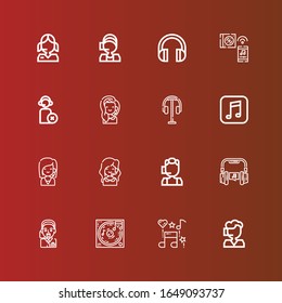 Editable 16 iconos de auriculares para web y móvil. Conjunto de auriculares incluidos iconos línea Call center, Música, Operador, Auriculares, Auriculares en rojo