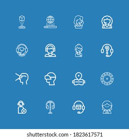 Editable 16 headset icons for web and mobile. Set of headset included icons line Receptionist, Headphones, Operator, Stereoscope, Virtual reality, Vr glasses on blue background