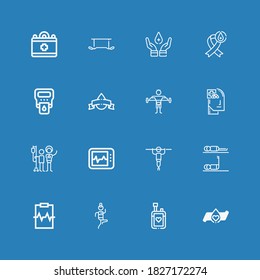 Editable 16 iconos de latido para web y móvil. Conjunto de latidos del corazón incluido línea de iconos donación de sangre, fitness, cardiograma, electrocardiograma, salud, hemoglobina sobre fondo azul