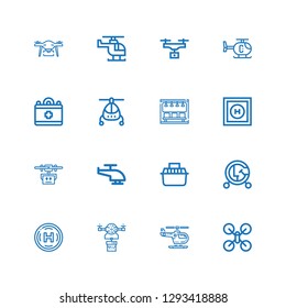 Editable 16 helicopter icons for web and mobile. Set of helicopter included icons line Drone, Helicopter, Helipad, Vehicle, Transport, Subway, Medical on white background