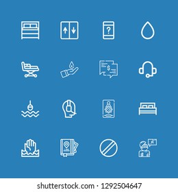 Editable 16 help icons for web and mobile. Set of help included icons line Answer, Pill, Guide, Help, Bed, Admin, Operator, Buoy, Headset, Chat, Blood donation on blue background