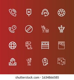 Editable 16 help icons for web and mobile. Set of help included icons line Chat, Operator, Blood donation, Help, Bed, Bandage, Lifesaver, Caduceus, Human rights, Pill, Support on red