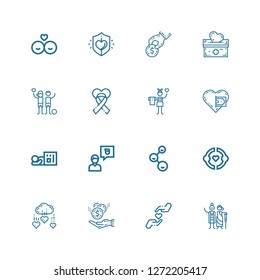 Editable 16 helping icons for web and mobile. Set of helping included icons line Charity, Donation, Friendship, Friends, Friend, Homeless, Donate on white background