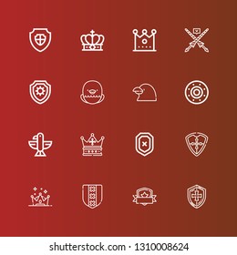 Editable 16 heraldic icons for web and mobile. Set of heraldic included icons line Shield, Crown, Eagle, Raven, Lance on red