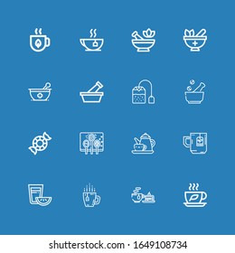 Editable 16 herb icons for web and mobile. Set of herb included icons line Tea, Spices, Peppermint, Mortar, Tea bag on blue background