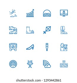 Editable 16 high icons for web and mobile. Set of high included icons line Pressure, Rainbow, Chair, Thermometer, Graduation, Heels, Multimeter, Boot, Kite on white background
