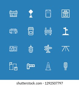 Editable 16 highway icons for web and mobile. Set of highway included icons line Traffic light, Traffic cone, Barrier, Route, Road, Street, Jam, Street sign on blue background
