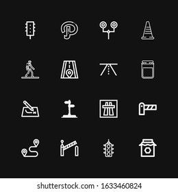 Editable 16 highway icons for web and mobile. Set of highway included icons line Jam, Traffic light, Barrier, Route, Motorway, Street sign, Road, Pedestrian on black background