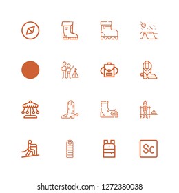 Editable 16 hiking icons for web and mobile. Set of hiking included icons line Scout, Backpack, Sleeping bag, Climbing, Hiking, Boot, Ride, Camping, Boots on white background