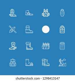 Editable 16 hiking icons for web and mobile. Set of hiking included icons line Hiking, Boots, Boot, Backpack, Sleeping bag, Rafting, Kayak on blue background