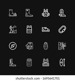 Editable 16 hiking icons for web and mobile. Set of hiking included icons line Kayak, Backpack, Sleeping bag, Boot, Adventure, Carabiner, Boots, Hiking on black background
