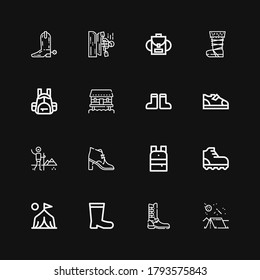Editable 16 hiking icons for web and mobile. Set of hiking included icons line Camping, Boot, Boots, Camp, Climbing, Backpack, Hiking, Cabin, Kayak on black background