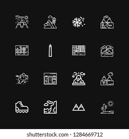 Editable 16 hill icons for web and mobile. Set of hill included icons line Desert, Mountains, Cliff, Climbing, Volcano, Topping, Iceberg, Arctic, Landscape on black background