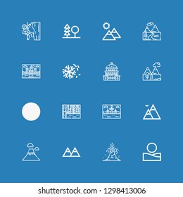 Editable 16 hill icons for web and mobile. Set of hill included icons line Desert, Volcano, Mountains, Landscape, Mountain, Capitol, Forest, Climbing on blue background