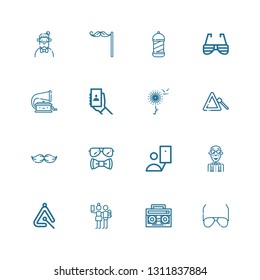 Editable 16 hipster icons for web and mobile. Set of hipster included icons line Sunglasses, Radio cassette, Selfie, Triangle, Nerd, Moustache, Dandelion, Phonograph on white background