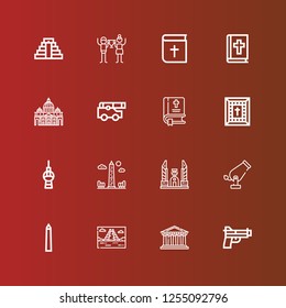 Editable 16 historic icons for web and mobile. Set of historic included icons line Gun, Pantheon, Mayan pyramid, National mall, Cannon, Democracy monument, Obelisk, Fernsehturm berlin on red