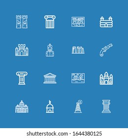 Editable 16 historical icons for web and mobile. Set of historical included icons line Column, Tower, Vaticano, Angkor wat, Stonehenge, Pantheon, Musket, Knight on blue background
