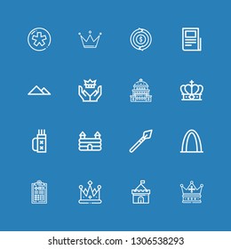 Editable 16 history icons for web and mobile. Set of history included icons line Crown, Castle, Medical history, Gateway arch, Spear, Quiver, Capitol, Pyramid on blue background