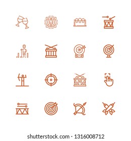 Editable 16 hit icons for web and mobile. Set of hit included icons line Darts, Archery, Target, Drum, Touch, Golfer, Drums, Cheers on white background