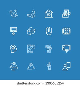 Editable 16 hold icons for web and mobile. Set of hold included icons line Selfie, Servant, Mouse, Selfie stick, Remote control, Peace, Poker table, Save water on blue background