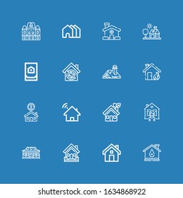Editable 16 homepage icons for web and mobile. Set of homepage included icons line House, Houses on blue background