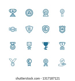 Editable 16 honor icons for web and mobile. Set of honor included icons line Success, Medal, Prize, Trophy, Police badge, Shield, Badge on white background