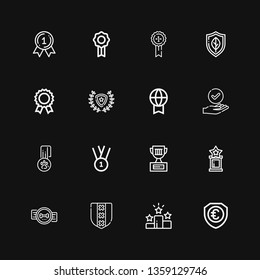 Editable 16 honor icons for web and mobile. Set of honor included icons line Shield, Win, Badge, Trophy, Medal, Success, Prize, Winner on black background
