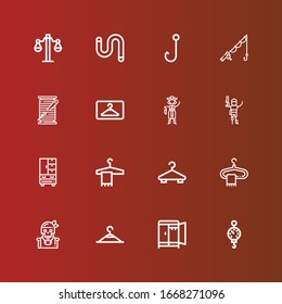 Editable 16 iconos de gancho para web y móvil. Juego de ganchos incluidos íconos línea Steelyard, guardarropa, colgador de ropa, pirata, gancho, bobina de rosca, pesca, gancho, gusano, balance en rojo