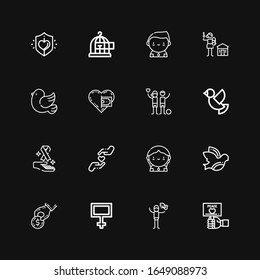 Editable 16 iconos de esperanza para web y móvil. Conjunto de esperanza incluía íconos como Paz, Paloma, Donación, Donante, Caridad, Cáncer, Donación, Paloma, Derechos Humanos, Libertad en el fondo negro