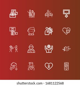 Editable 16 iconos de esperanza para web y móvil. Conjunto de esperanza incluía íconos de la línea Caridad, Cáncer, Donante, Paloma, Donación, Derechos Humanos, Paloma, Paz, Refugio en rojo