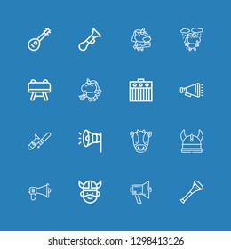 Editable 16 horn icons for web and mobile. Set of horn included icons line Vuvuzela, Megaphone, Viking, Cow, Trombone, Amplifier, Unicorn, Buck, Horn, Mandolin on blue background