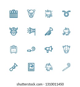 Editable 16 horn icons for web and mobile. Set of horn included icons line Party blower, Unicorn, Propaganda, Horn, Cow, Megaphone, Party whistle, Amplifier on white background