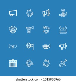 Editable 16 horn icons for web and mobile. Set of horn included icons line Cello, Unicorn, Amplifier, Megaphone, Trumpet, Horn, Viking, Bison on blue background