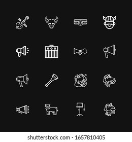 Iconos editables de 16 cuernos para web y móvil. Conjunto de cuernos incluidos íconos de Unicorn, Orquesta, Vaca, Megáfono, Vuvuzela, Cuerno, Amplificador, Viking, Buffalo, Cello sobre fondo negro