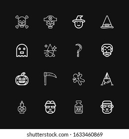 Editable 16 horror icons for web and mobile. Set of horror included icons line Frankenstein, Posion, Skull, Cauldron, Voodoo, Scythe, Pumpkin, Dracula, Witch on black background