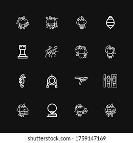 Editable 16 iconos de caballo para web y móvil. Juego de caballos incluido íconos de línea Unicorn, Cowboy, parque de atracciones, Saddle, Toy, Seahorse, Race, Chess, Spinning top en fondo negro