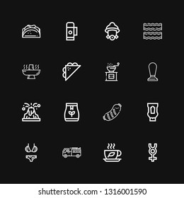 Editable 16 hot icons for web and mobile. Set of hot included icons line Mercury, Tea, Firefighter, Bikini, Ketchup, Sausage, Tea bag, Volcano, Coffee, Pepper on black background