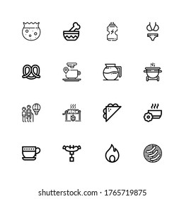 Editable 16 hot icons for web and mobile. Set of hot included icons line Barbecue, Fire, Sausage, Cup, Bowl, Sandwich, Roast, Hot air balloon, Grill, Coffee maker on white background