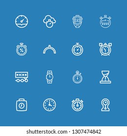 Editable 16 hour icons for web and mobile. Set of hour included icons line Clocks, Stopclock, Wall clock, Clock, Hourglass, Stopwatch, Wristwatch, Deadline on blue background