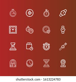Editable 16 hour icons for web and mobile. Set of hour included icons line Clocks, Time, Clock, Watch, Stopclock, Wait time, Hourglass, Wristwatch, Stopwatch, Timer on red