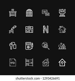 Editable 16 house icons for web and mobile. Set of house included icons line Birdhouse, Home, Bunk bed, Keyword, House, Green earth, Voltmeter, Key room, Key ring on black background