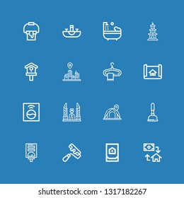 Editable 16 house icons for web and mobile. Set of house included icons line Mortgage, House, Paint roller, Water heater, Plunger, Tent, Democracy monument on blue background