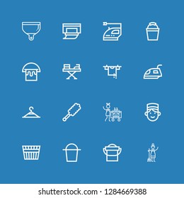 Editable 16 housekeeping icons for web and mobile. Set of housekeeping included icons line Maid, Bucket, Concierge, Housekeeping, Duster, Clothing hanger, Iron on blue background